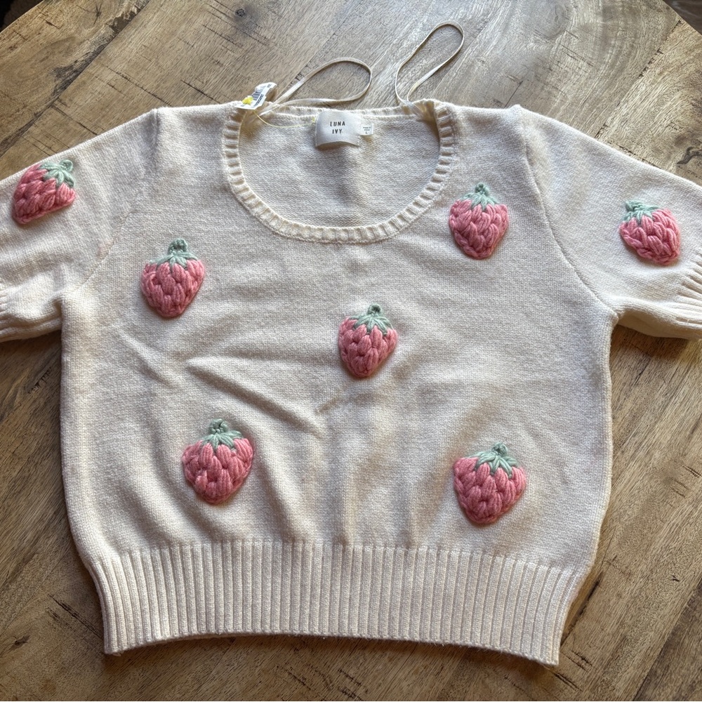 Strawberry Embroidered Cropped Short Sleeve Knit Top Cream & Pink by Luna Ivy - Picture 2 of 10